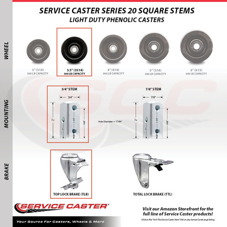 Service Caster 3.5 Inch Phenolic Wheel Swivel 3/4 Inch Square Stem Caster with Brake SCC SCC-SQ20S3514-PHS-TLB-34